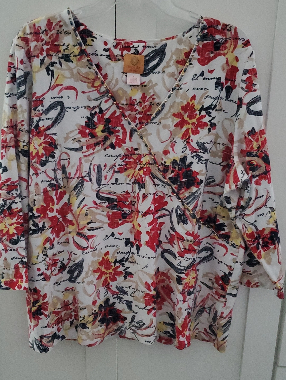 Floral V-Neck Tunic Top - White with Red & Yellow Floral Print
